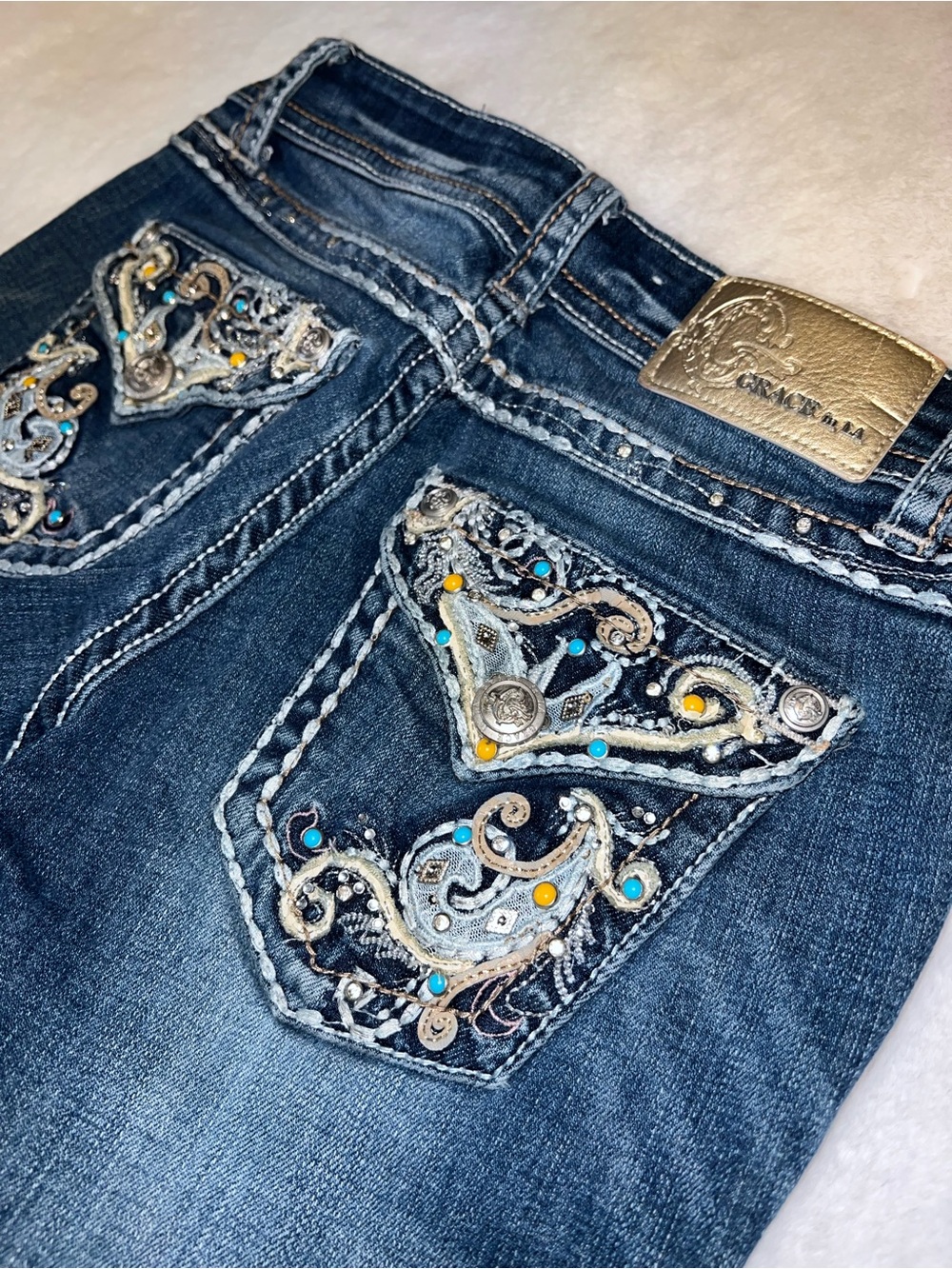 Grace in LA Dark Blue Boot Cut Jeans with Embroidered Rhinestone Pockets